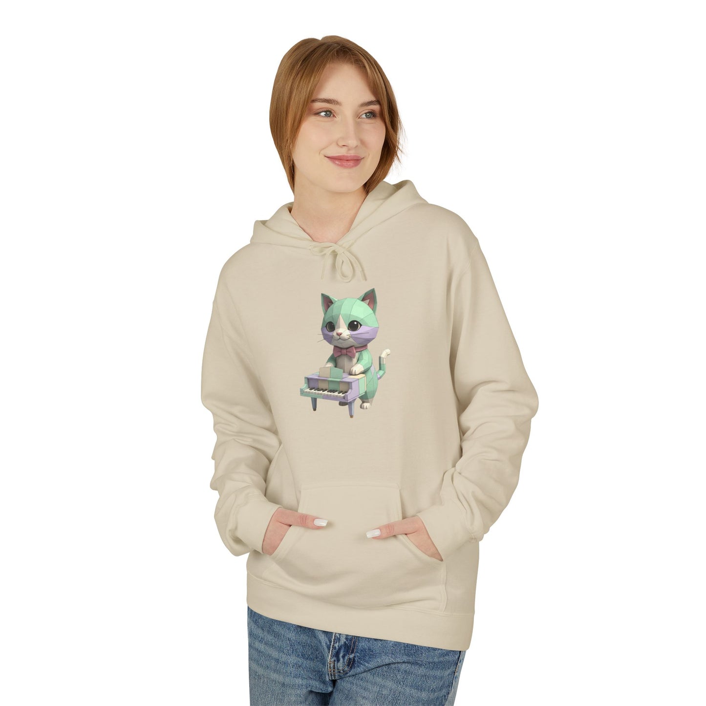 Pastel Retro Piano Cat Hoodie – Cute Cat Playing Piano Graphic Sweatshirt