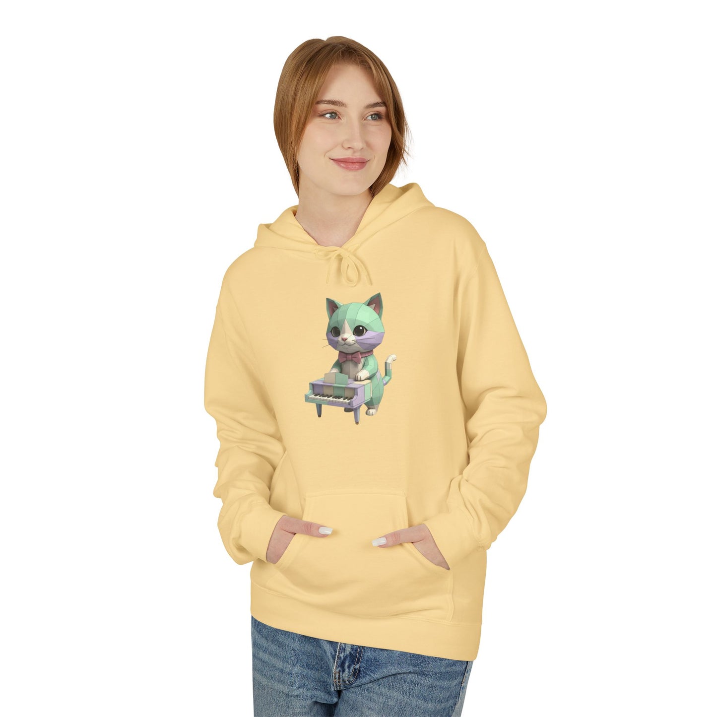 Pastel Retro Piano Cat Hoodie – Cute Cat Playing Piano Graphic Sweatshirt